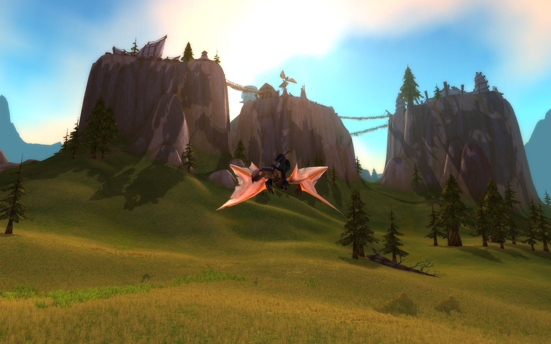 A Tauren flying toward Thunderbluff