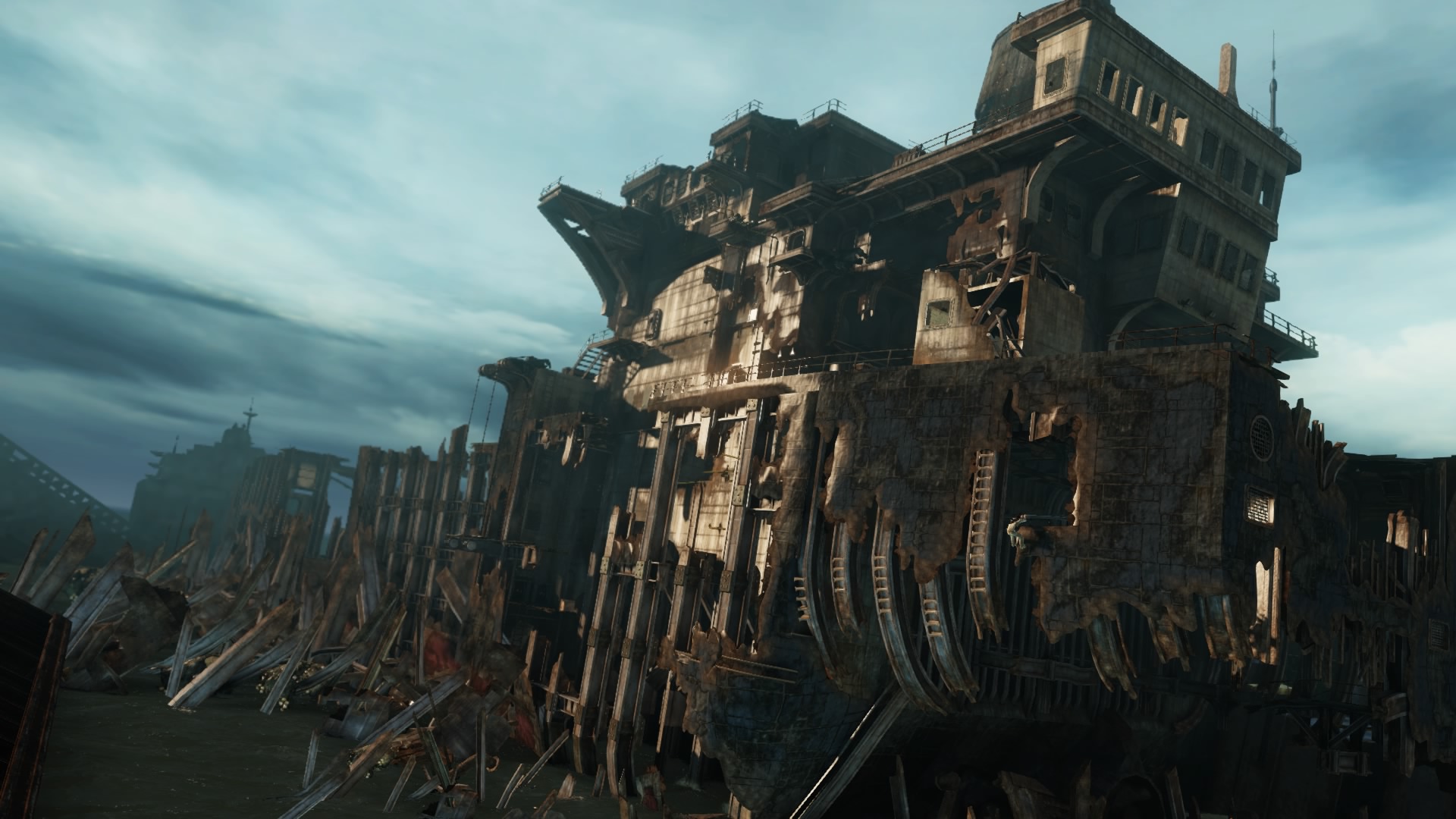 An abandoned shipyard with huge ghost ships