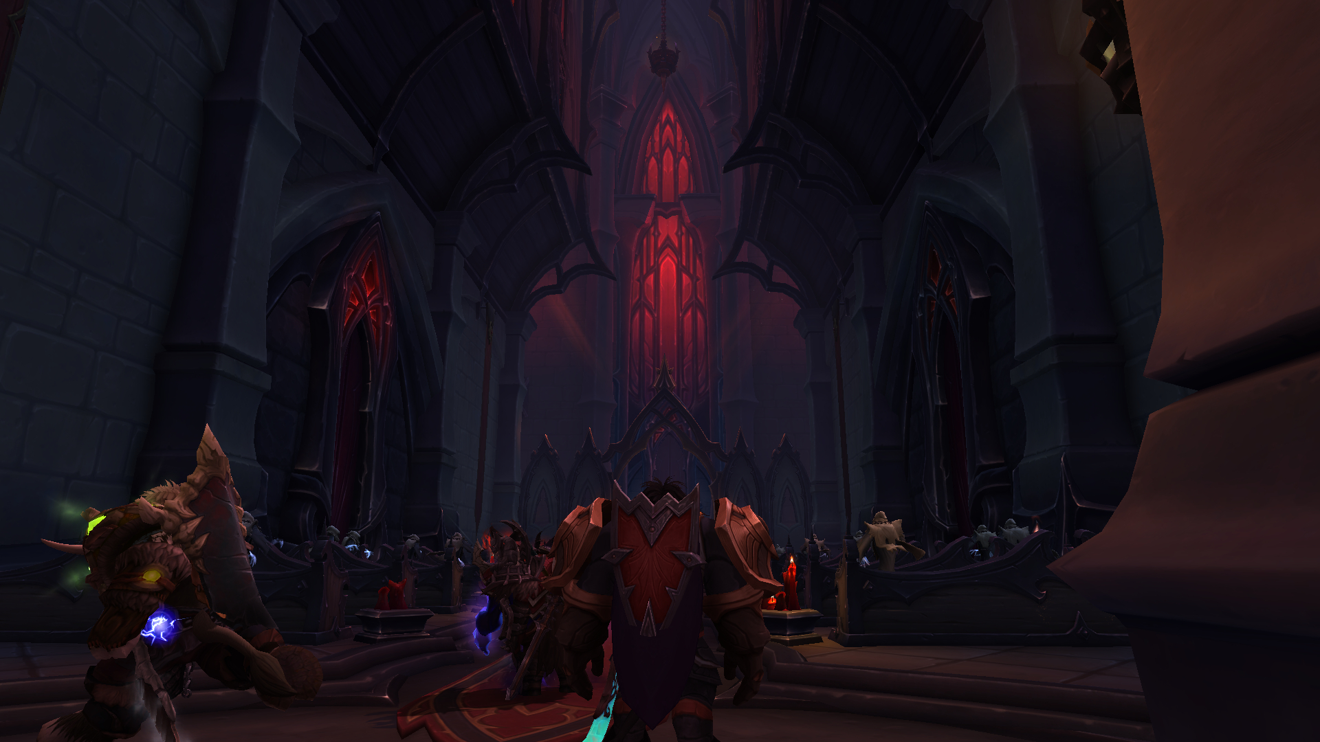 Dungeon group standing in a gothic Revendreth Cathedral