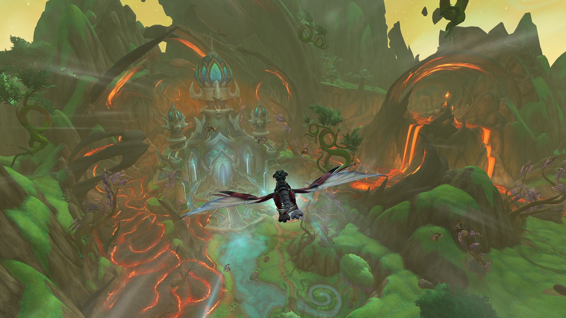 Flying toward the entrance to the raid, a green temple surrounded by invasive flows of lava