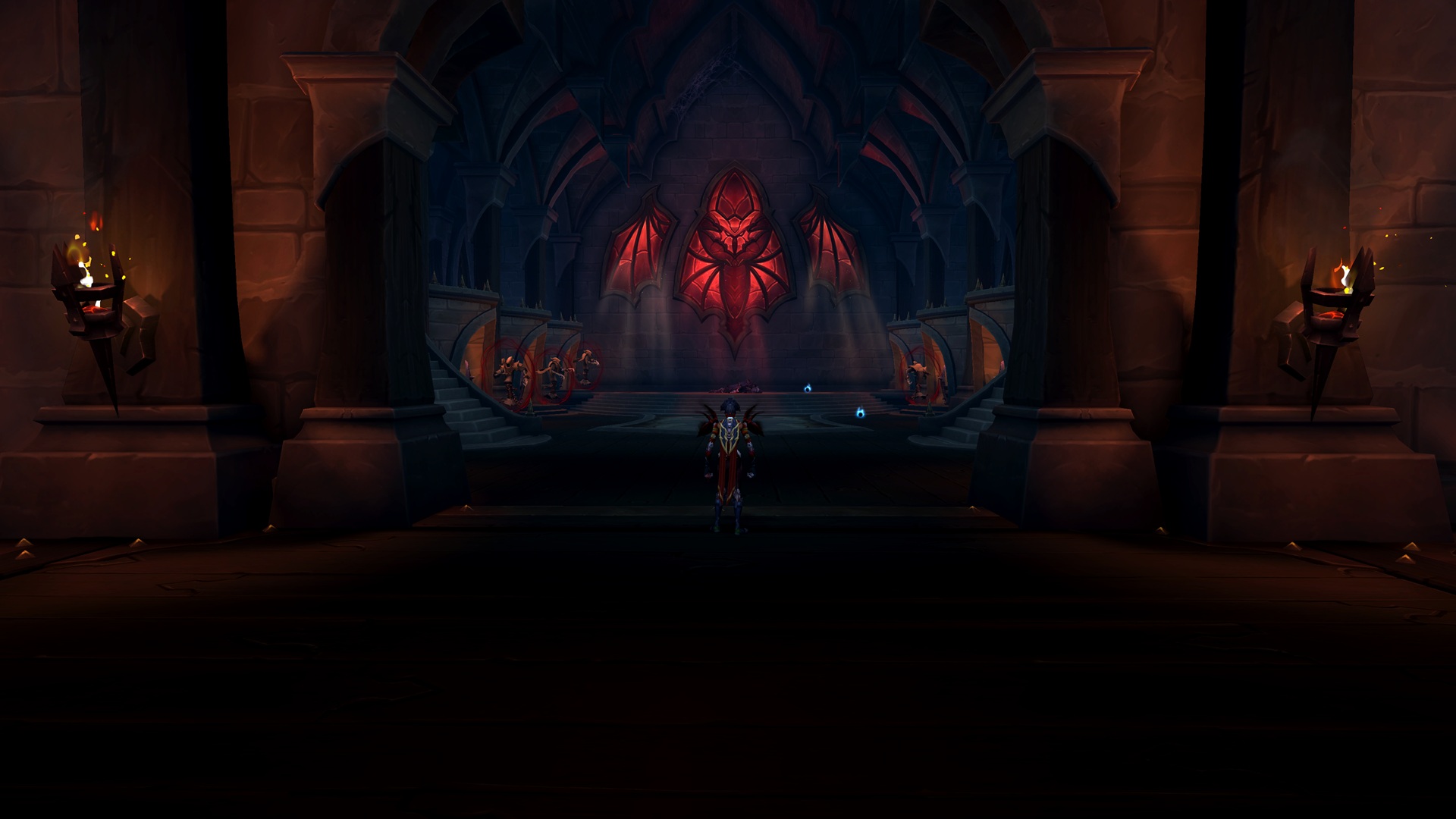 An undead rogue stands on the threshold of a chapel decorated by a huge stained glass bat in red glass